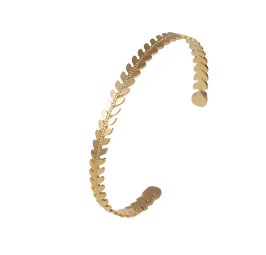 Gold-Plated Laurel Leaf Open Cuff Bangle Bracelet