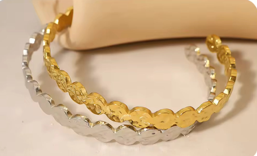 Gold Plated Textured Circle Cuff Bangle Bracelet