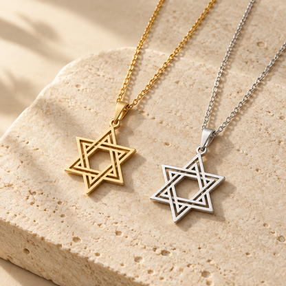 Double Line Magen David Necklace, Star of David Pendant in Silver & Gold