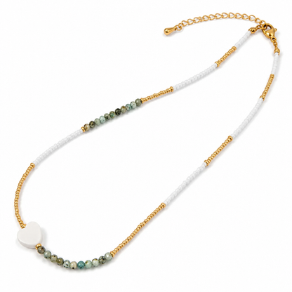 Green Gold Beaded Necklace Collection | Mother of Pearl Pendants and Evil Eye