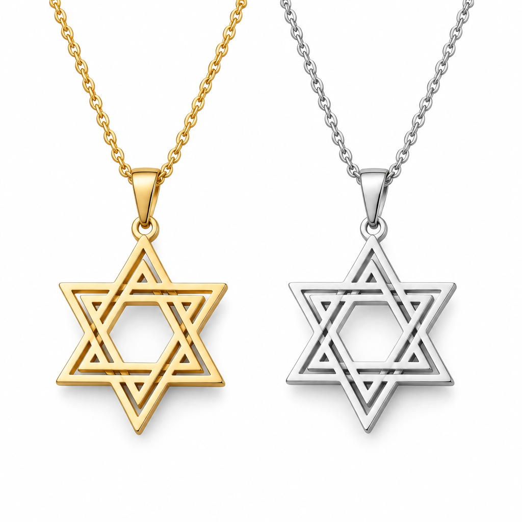 Double Line Magen David Necklace, Star of David Pendant in Silver & Gold