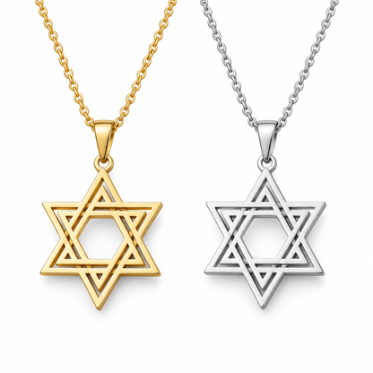 Double Line Magen David Necklace, Star of David Pendant in Silver & Gold