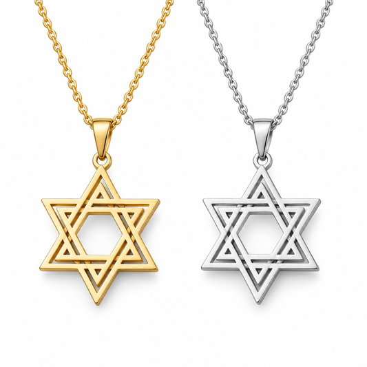 Double Line Magen David Necklace, Star of David Pendant in Silver & Gold