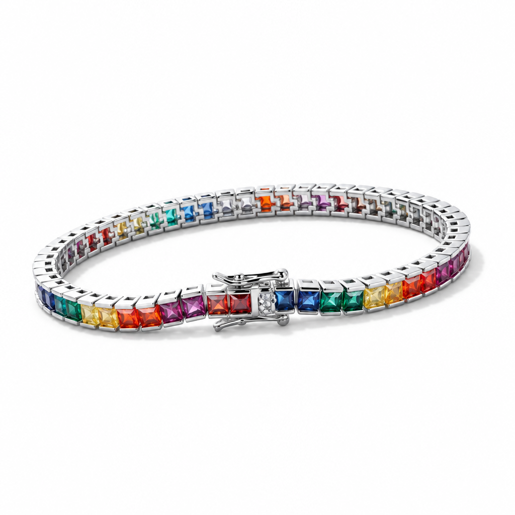 Colourful Rainbow Square Cut Tennis Bracelets | Water-Resistant Gold Plated