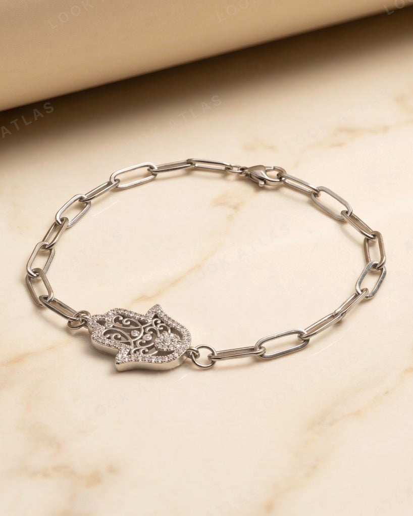 Silver Hamsa Paperclip Bracelet | Stainless Steel Protection Bracelet | Waterproof & Tarnish-Free
