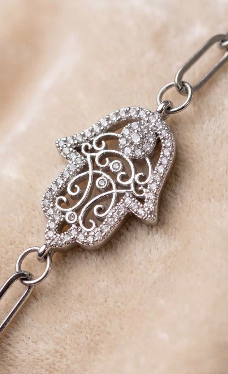 Silver Hamsa Paperclip Bracelet | Stainless Steel Protection Bracelet | Waterproof & Tarnish-Free