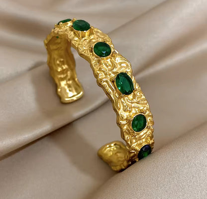 18K Gold-Plated with Emerald accents cuff bangle
