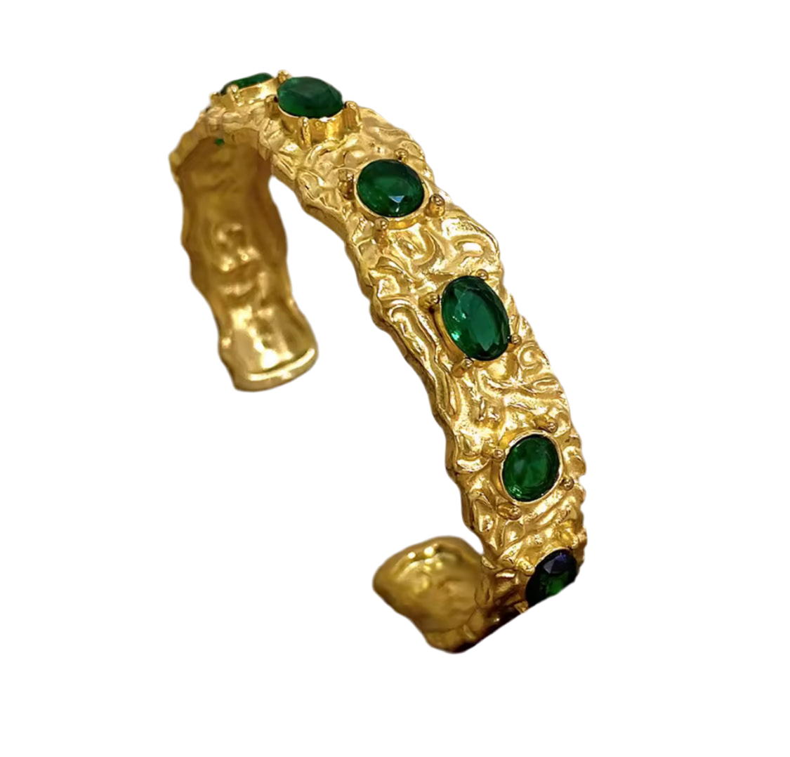 18K Gold-Plated with Emerald accents cuff bangle