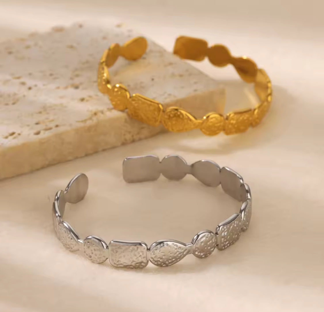 Gold-Plated Textured Open Cuff Bangle Bracelet