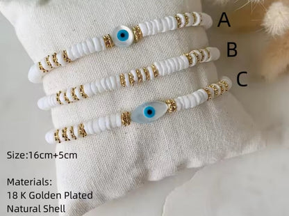 Upcycled Natural Shell & Evil Eye Bracelet
