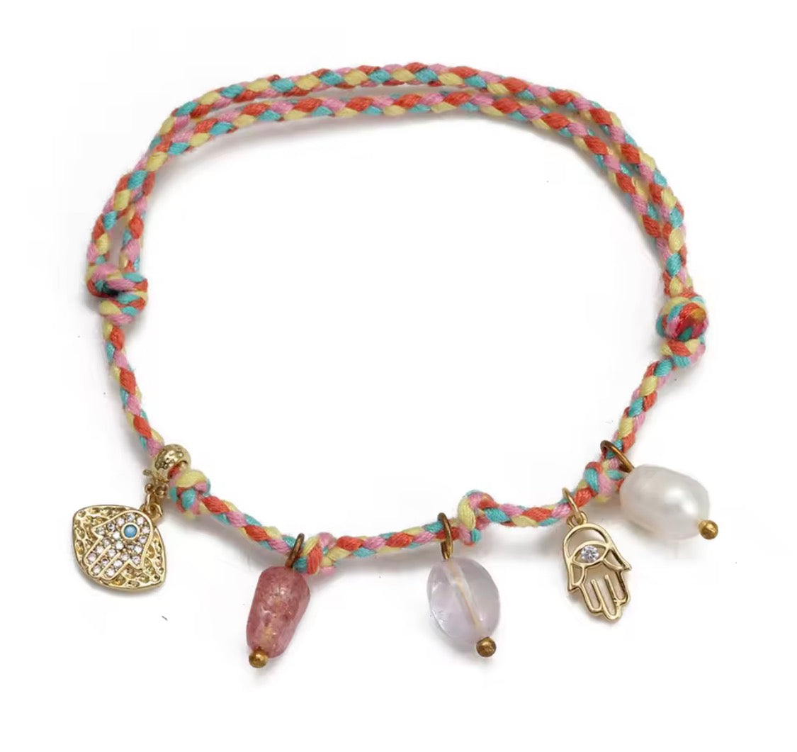 Handmade Rope Charm Bracelet — Evil Eye, Hamsa & Gemstone | Adjustable, Waterproof & Tarnish Free