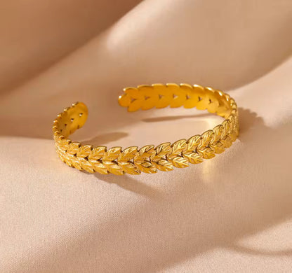 Gold Plated Textured Laurel Leaf Open Cuff Bangle Bracelet