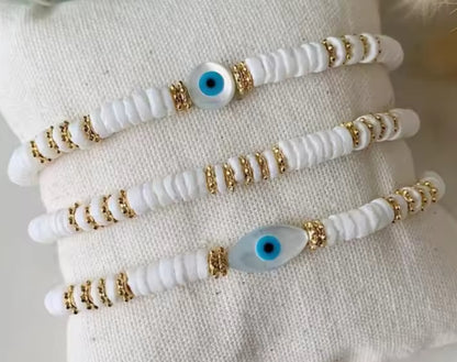 Upcycled Natural Shell & Evil Eye Bracelet