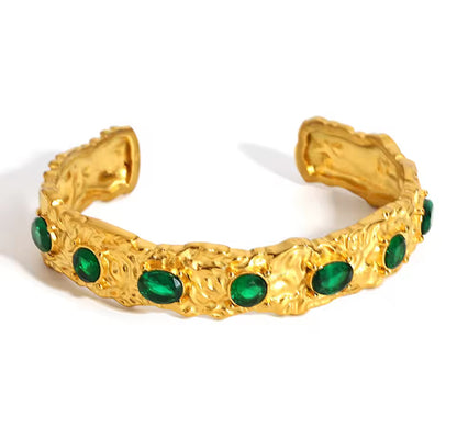 Gold Plated Emerald Textured Open Cuff Bangle Bracelet