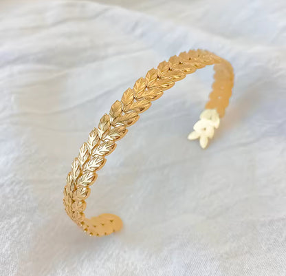 Gold Plated Textured Laurel Leaf Open Cuff Bangle Bracelet