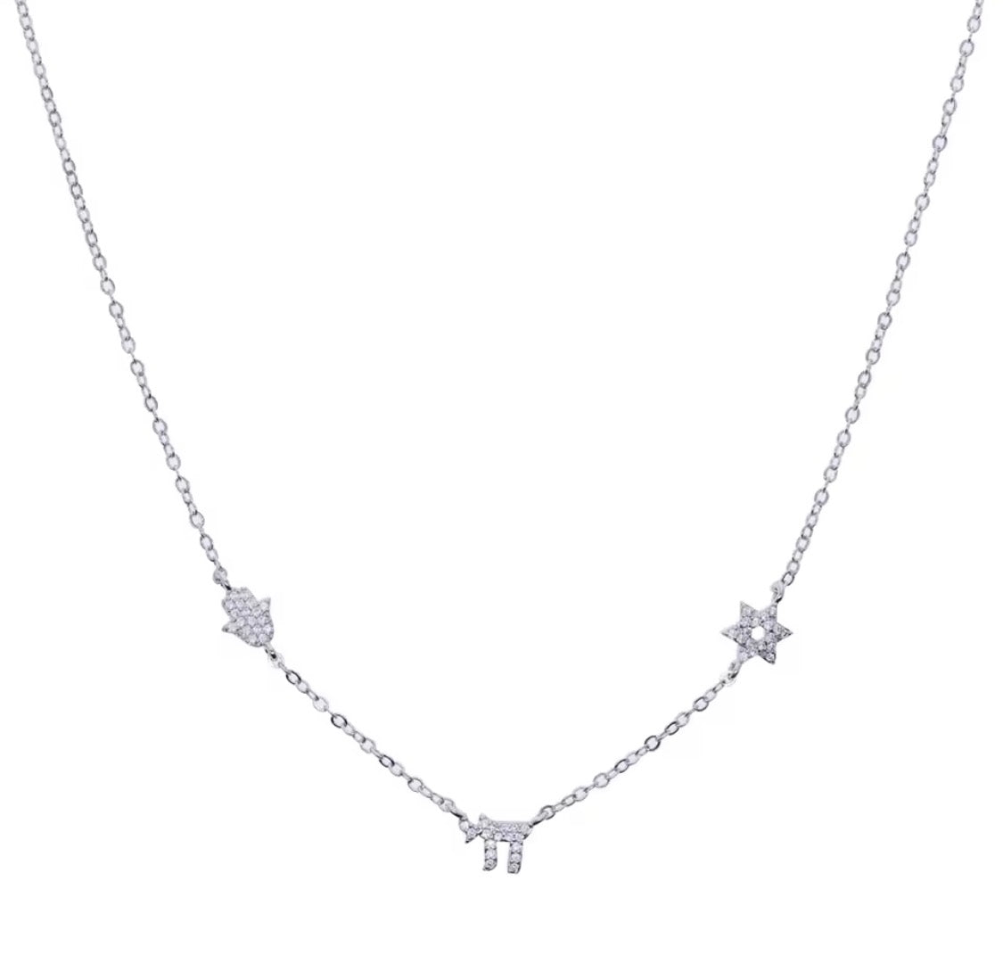 Star of David - Magen David, Hamsa & Chai Diamante Charm Necklace - Judaica Jewellery