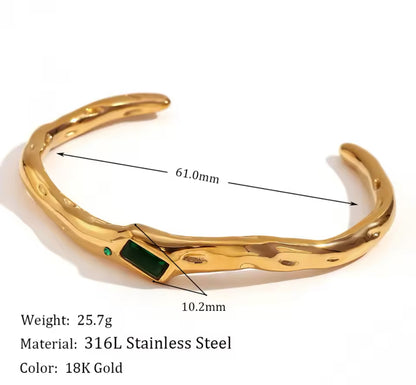 Gold Plated Twist Cuff Bangle with Green and Clear Stones