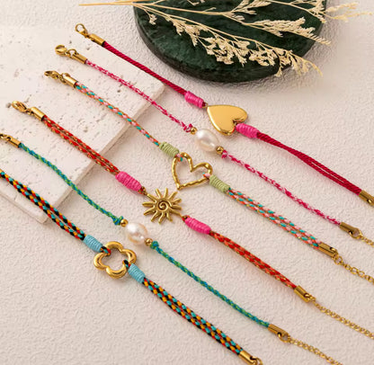 Handmade Colourful Braided Bracelet with Heart, Pearl, Sun, or Clover Charm – Adjustable Boho Bracelets