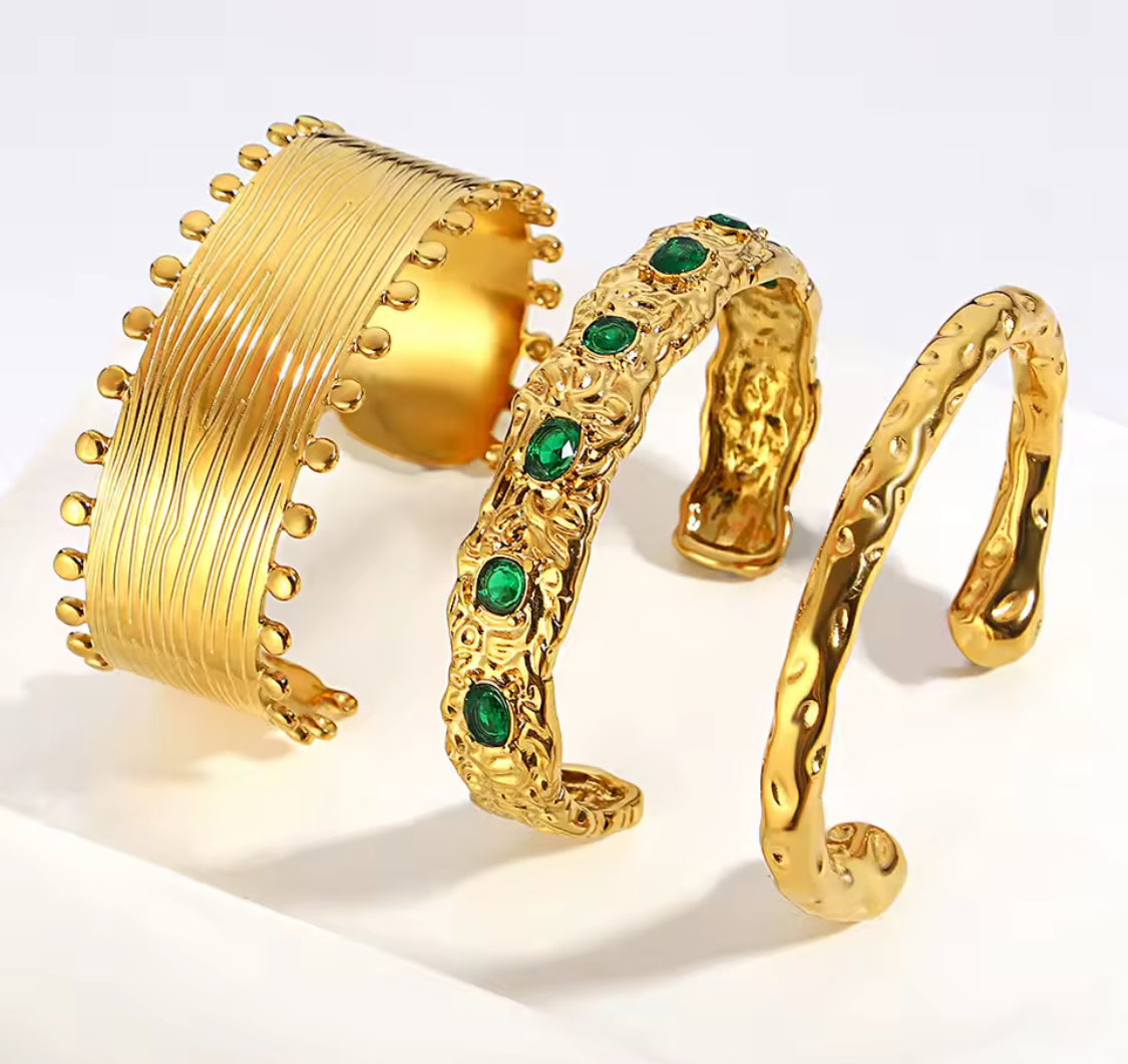Gold Plated Emerald Textured Open Cuff Bangle Bracelet