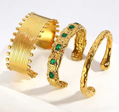 Gold Plated Emerald Textured Open Cuff Bangle Bracelet