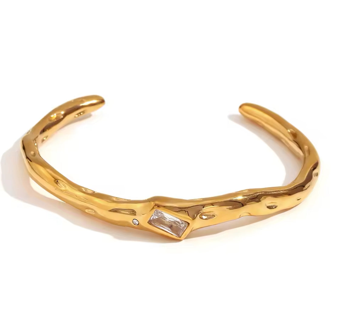 Gold Plated Twist Cuff Bangle with Green and Clear Stones