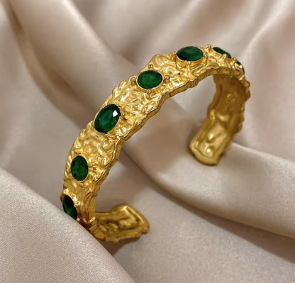 Gold Plated Emerald Textured Open Cuff Bangle Bracelet