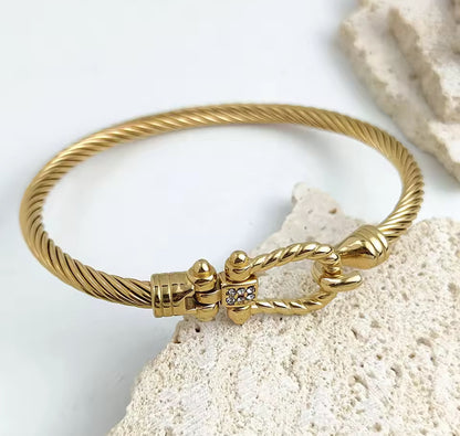 Gold Plated Twisted Cable Buckle Cuff Bangle Bracelet