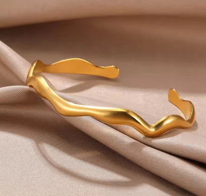 Gold-Plated Ocean Wave Open Cuff Bangle Bracelet
