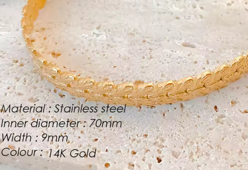 Gold Plated Textured Laurel Leaf Open Cuff Bangle Bracelet