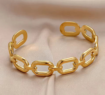 Gold Plated Bold Chain Link Open Cuff Bangle Bracelet