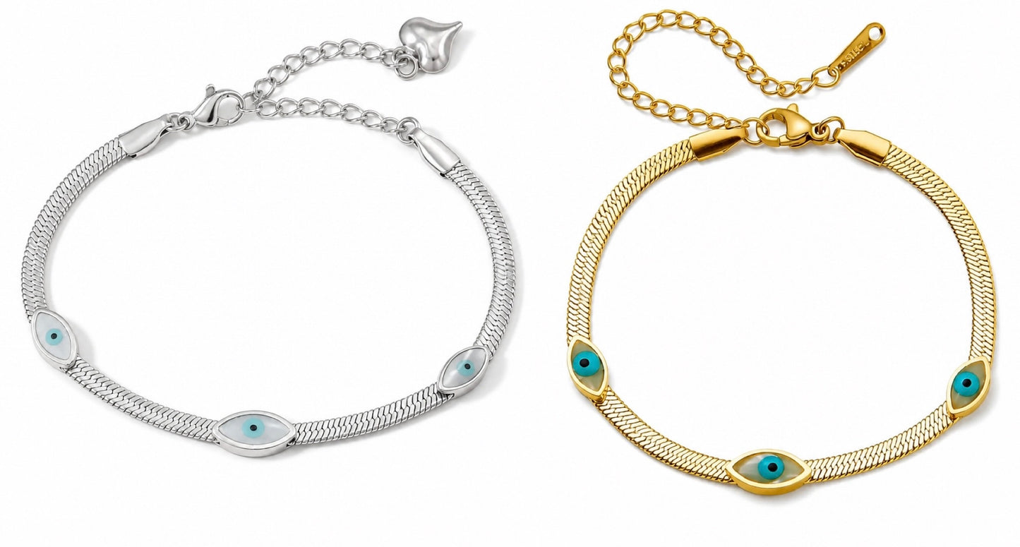 Evil Eye Herringbone Bracelet – 18K Gold Plated, Waterproof, Protection Bracelet