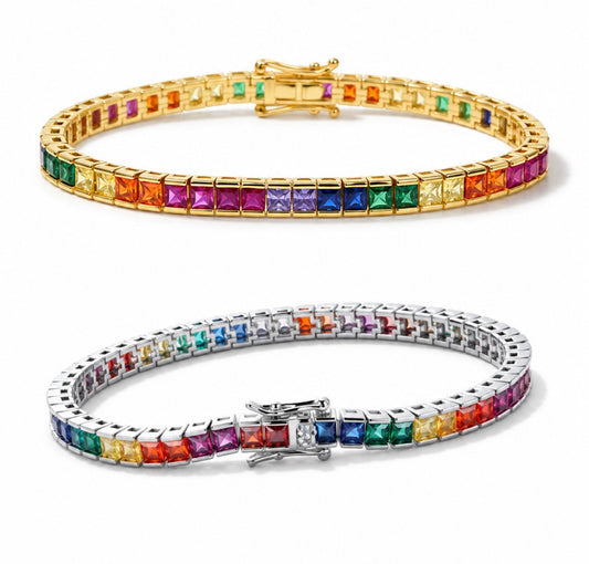 Colourful Rainbow Square Cut Tennis Bracelets | Water-Resistant Gold Plated