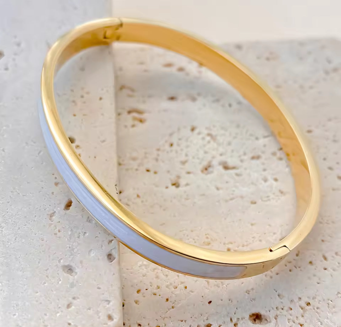 Gold Plated Sleek White Enamel Cuff Bangle Bracelet