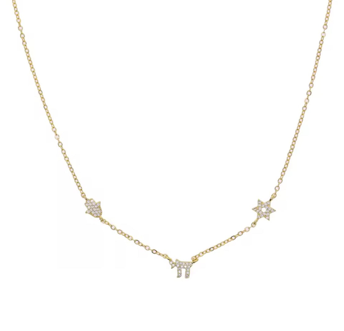 Star of David - Magen David, Hamsa & Chai Diamante Charm Necklace - Judaica Jewellery