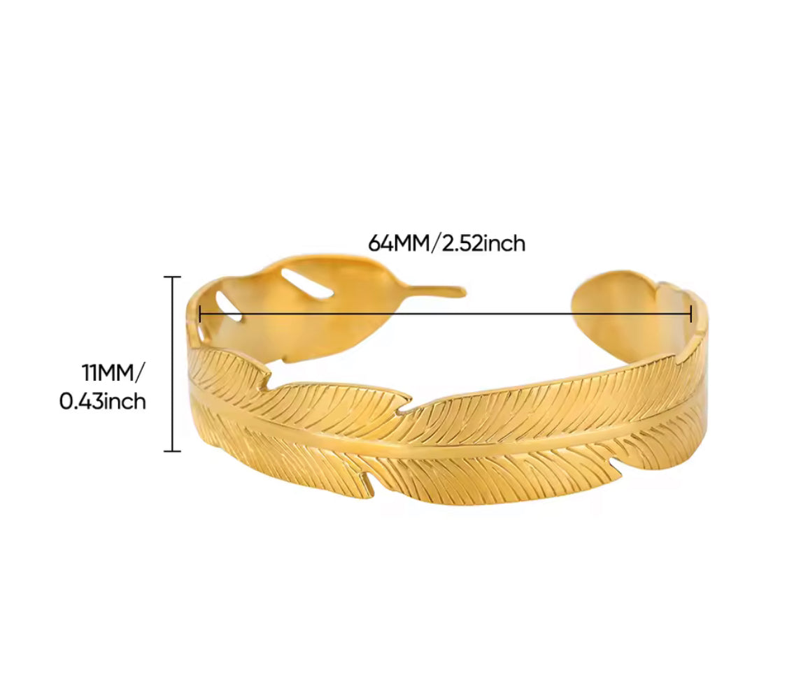 Gold Plated Feather Inspired Open Cuff Bangle Bracelet