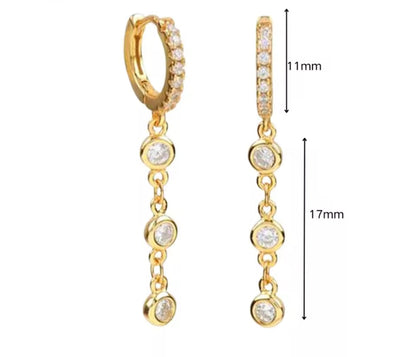 Bezel Trio Chain Drop Huggie Earrings, Gold Plated Stainless Steel Dangle Earrings by