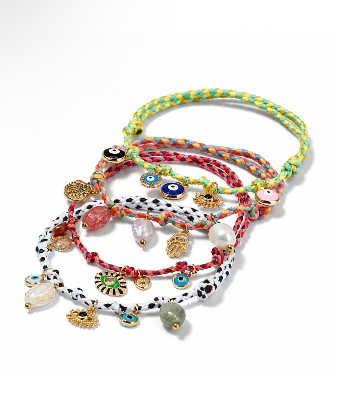 Handmade Rope Charm Bracelet — Evil Eye, Hamsa & Gemstone | Adjustable, Waterproof & Tarnish Free