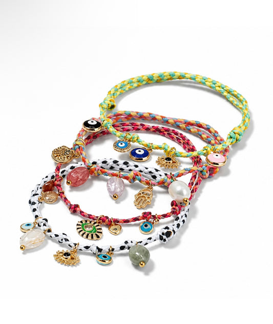 Handmade Rope Charm Bracelet — Evil Eye, Hamsa & Gemstone | Adjustable, Waterproof & Tarnish Free