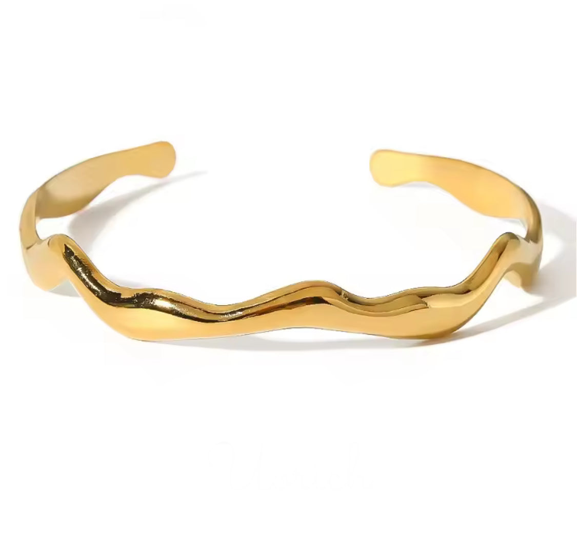 Gold-Plated Ocean Wave Open Cuff Bangle Bracelet