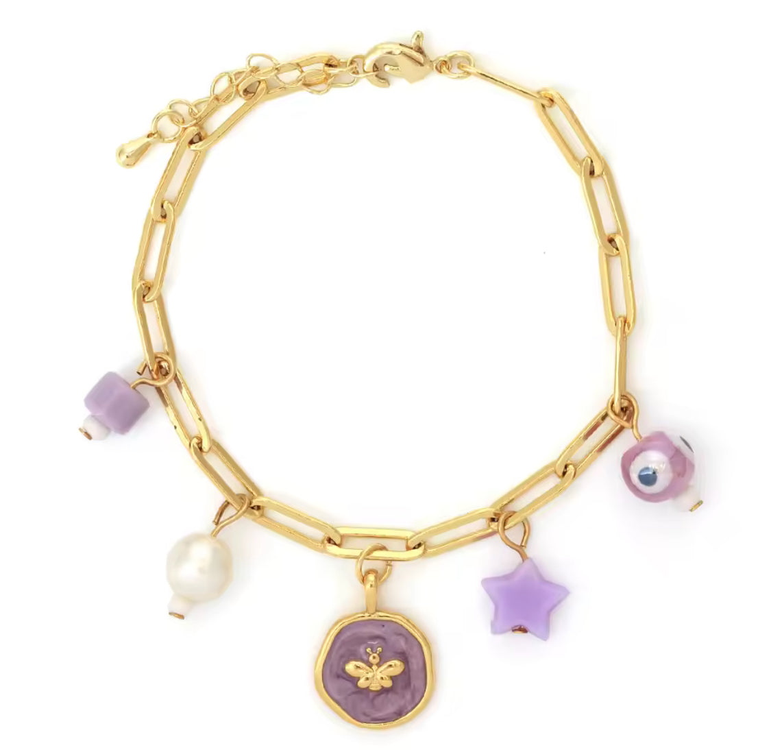 Gold Paperclip Chain Bracelet with Evil Eye & Whimsical Charms