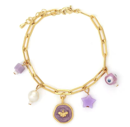 Gold Paperclip Chain Bracelet with Evil Eye & Whimsical Charms