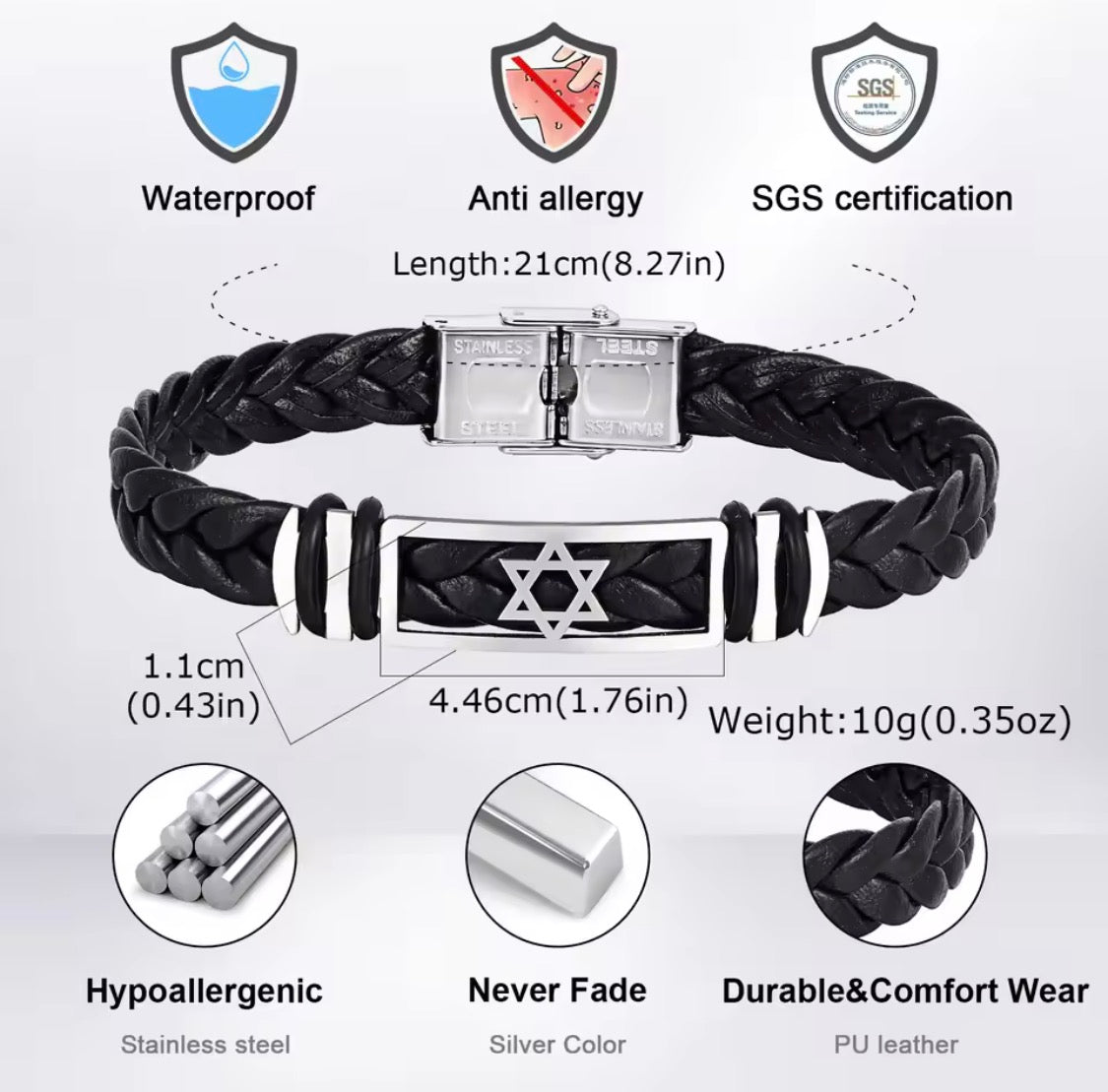 Men’s Star of David Braided Leather Bracelet – Magen David Jewish Bracelet | Stainless Steel Clasp | Unisex