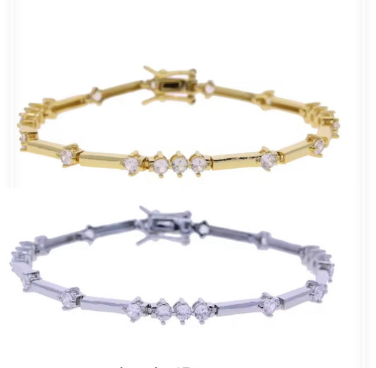 CZ Tennis Bracelet, Silver & Gold, 17cm Fixed Length