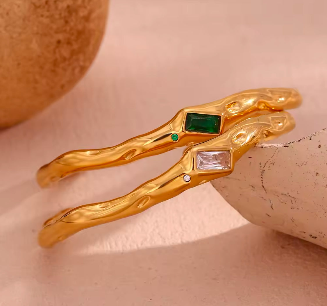 Gold Plated Twist Cuff Bangle with Green and Clear Stones