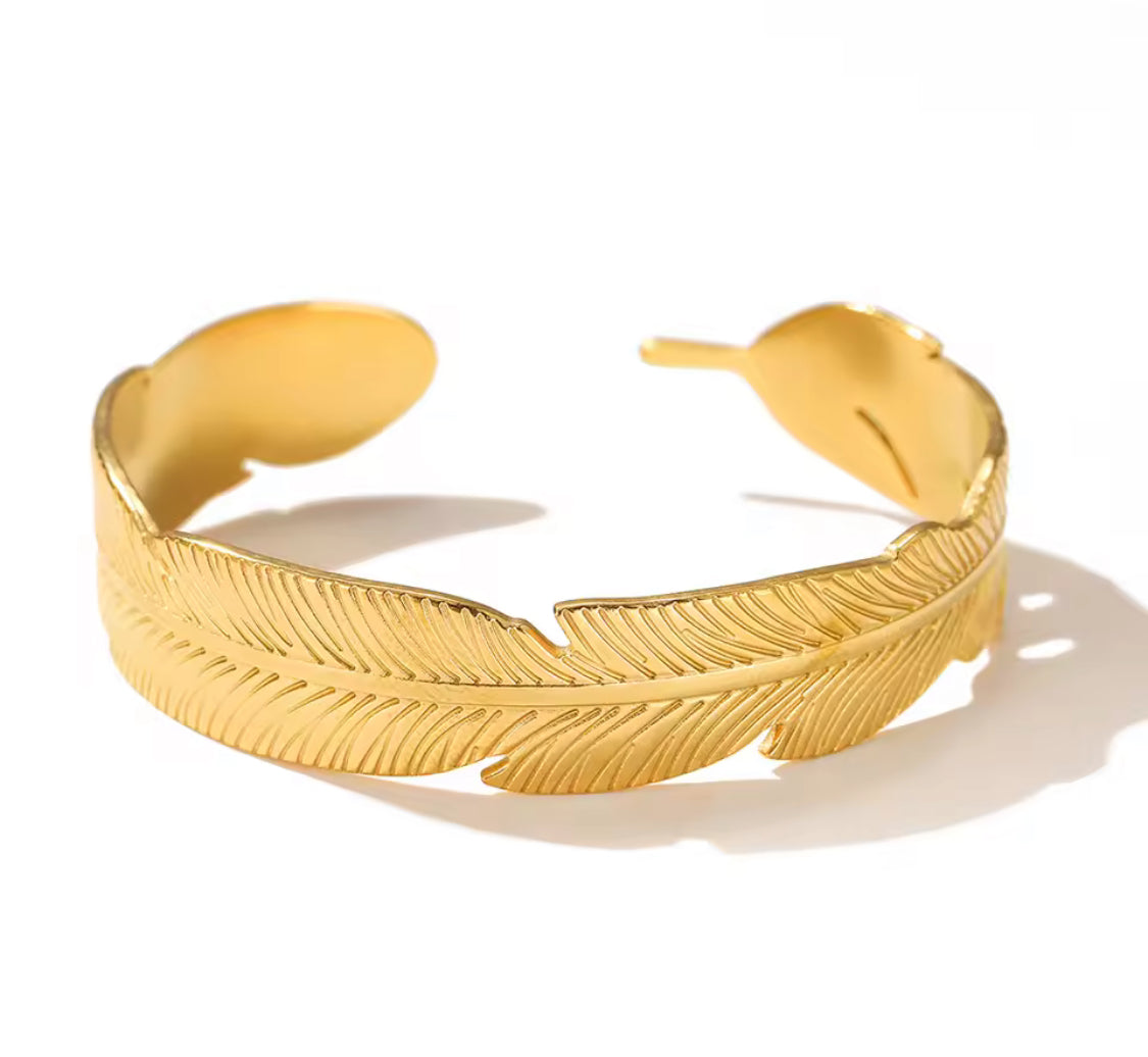 Gold Plated Feather Inspired Open Cuff Bangle Bracelet