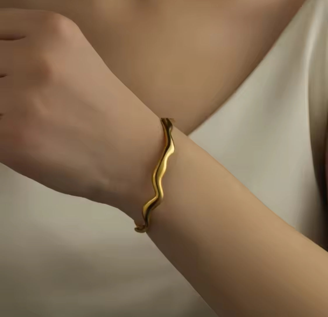Gold-Plated Ocean Wave Open Cuff Bangle Bracelet