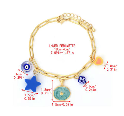 Gold Paperclip Chain Bracelet with Evil Eye & Whimsical Charms