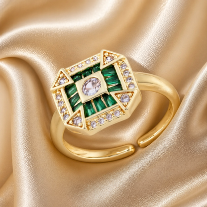 Emerald Green Cubic Zirconia Adjustable Ring | Gold Statement Ring | Water-Resistant & Tarnish-Free