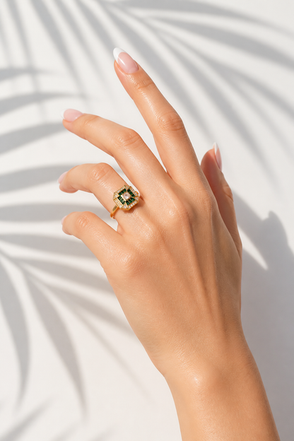 Emerald Green Cubic Zirconia Adjustable Ring | Gold Statement Ring | Water-Resistant & Tarnish-Free