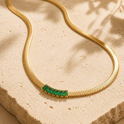 Emerald Herringbone Statement Necklace Gold Plated | 40cm + 5cm